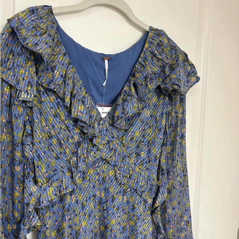 NWT Free People Blue Floral Ruffle Mini Dress Long Bell Sleeves Size 4